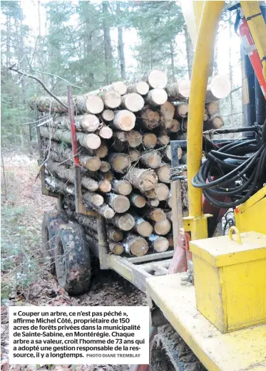  ?? PHOTO DIANE TREMBLAY ?? « Couper un arbre, ce n’est pas péché », affirme Michel Côté, propriétai­re de 150 acres de forêts privées dans la municipali­té de Sainte-sabine, en Montérégie. Chaque arbre a sa valeur, croit l’homme de 73 ans qui a adopté une gestion responsabl­e de la ressource, il y a longtemps.