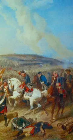  ?? ?? La Bataille de Zorndorf, le 25 août 1758, d'Emil Hünten (1827–1902). Cette bataille de la guerre de Sept Ans se termine par la victoire des troupes prussienne­s de Frédéric II contre les Russes de Villim Fermor, mais entraîne de lourdes pertes humaines des deux côtés.