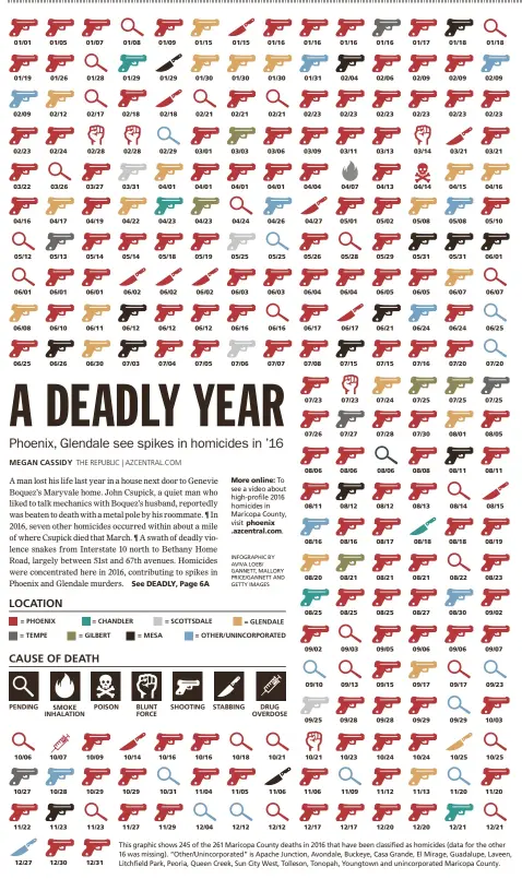  ??  ?? This graphic shows 245 of the 261 Maricopa County deaths in 2016 that have been classified as homicides (data for the other 16 was missing). “Other/Unincorpor­ated” is Apache Junction, Avondale, Buckeye, Casa Grande, El Mirage, Guadalupe, Laveen,...