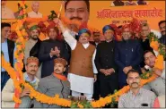  ?? BJP president J.P. Nadda along with Chief Minister of Himachal Pradesh Jai Ram Thakur, Anurag Thakur and Himachal BJP chief Rajeev Bindal in February 2021. ANI ??