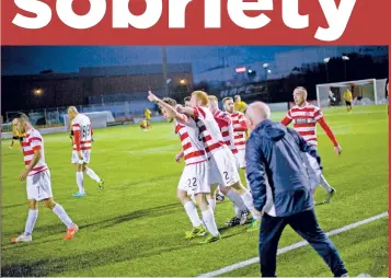  ?? PHOTOS BY KIERAN DODDS/THE NEW YORK TIMES ?? Hamilton Academical players celebrate a last minute, equalizing goal against Patrick Thistle at New Douglas Park in Hamilton, Scotland. Top, Colin McGowan is the chief executive of Hamilton Academical, a soccer club founded by a school in 1874.