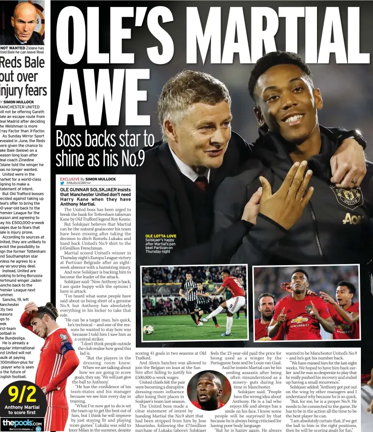  ??  ?? OLE LOTTA LOVE Solskjaer’s happy after Martial’s pen beat Partizan on Thursday night