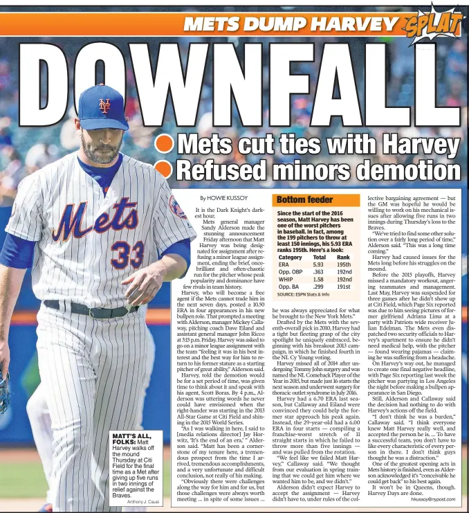  ?? Anthony J. Causi ?? MATT’S ALL,FOLKS: Matt Harvey walks off the mound Thursday at Citi Field for the final time as a Met after giving up five runs in two innings of relief against the Braves.