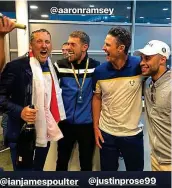  ??  ?? British fizz: Poulter brings the champagne to celebrate with Aaron Ramsey, Justin Rose and Alex Oxlade-Chamberlai­n