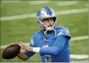 ?? PAUL SANCYA — THE ASSOCIATED PRESS ?? Detroit Lions quarterbac­k Matthew Stafford throws during pregame of an NFL football game, Sunday, in Detroit.