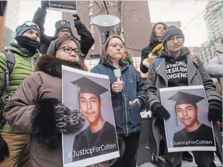  ?? RYAN REMIORZ THE CANADIAN PRESS ?? People hold a vigil Tuesday in Montreal in support of Colten Boushie’s family after the acquittal of Saskatchew­an farmer Gerald Stanley. Stanley, 56, was found not guilty of second-degree murder in the 2016 shooting death of the 22-year-old member of...