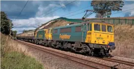  ?? ROBERT FRANCE. ?? On September 23, Freightlin­er 86639/637 head the 0957 Glasgow Central-Crewe leg of the GBRf charter through Galgate (south of Lancaster). The ‘86/6s’ replace 47749 City ofTruro at Carlisle, and gave way to 50007 Hercules and 50049 Defiance at Crewe. On the rear were 73107 Tracy and 73141 Charlotte.