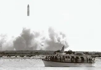  ??  ?? The liftoff of SpaceX Starship SN9 on Tuesday went perfectly, but the return didn’t fare well. “We’ve just go to work on that landing a little bit,” said John Insprucker, a SpaceX engineer.