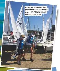  ??  ?? Hazel, 14, proved to be a great mentor to teammate Gwen, 10. BELOW: Hazel marks up her mast