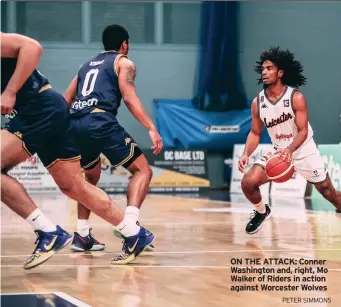  ?? PETER SIMMONS ?? ON THE ATTACK: Conner Washington and, right, Mo Walker of Riders in action against Worcester Wolves