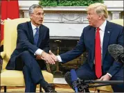  ?? EVAN VUCCI, AP FILE ?? President Donald Trump, who met with NATO Secretary General Jens Stoltenber­g in the Oval Office in May, departs Tuesday for a four-nation tour of Europe and a meeting with Russia’s Vladimir Putin.