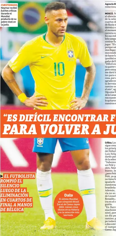  ??  ?? CUESTIONAD­O. Neymar recibió fuertes críticas durante el Mundial producto de su pobre nivel en la justa.