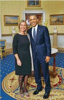  ??  ?? Federica Mogherini ricevuta in visita dall’allora presidente degli Stati Uniti Barack Obama alla Casa Bianca, il 1° aprile del 2016