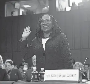  ?? SAUL LOEB/ AFP VIA GETTY IMAGES ?? Judge Ketanji Brown Jackson is sworn in for the hearing on her Supreme Court nomination. She was confirmed Thursday 53- 47.