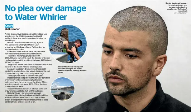  ?? KEVIN STENT/STUFF ?? Hunter Macdonald was injured when he swung on the Water Whirler sculpture, bending it until it broke. Hunter Macdonald appears in court yesterday over damage to the Len Lye sculpture on Wellington’s waterfront.