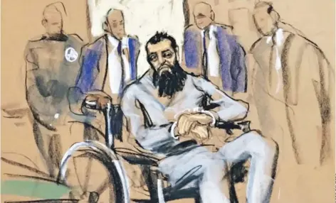  ??  ?? ► Boceto de la comparecen­cia de Sayfullo Saipov ante el tribunal federal de Manhattan, el miércoles.