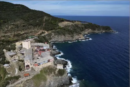  ?? PHOTOS BY THANASSIS STAVRAKIS — THE ASSOCIATED PRESS ?? A view of Pantokrato­r Monastery from above in the Mount Athos, northern Greece, on Oct. 13.