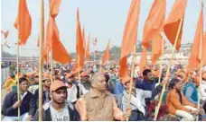  ?? — AFP ?? VHP activists participat­e in a rally calling for the constructi­on of a temple on the site of the demolished 16th century Babri mosque in New Delhi.