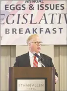  ?? H John Voorhees III / Hearst Connecticu­t Media file photo ?? Danbury Mayor Mark Boughton speaks at the Greater Danbury Chamber of Commerce breakfast. He isoneof seven white males likely to be running the state’s largest cities after the November election.