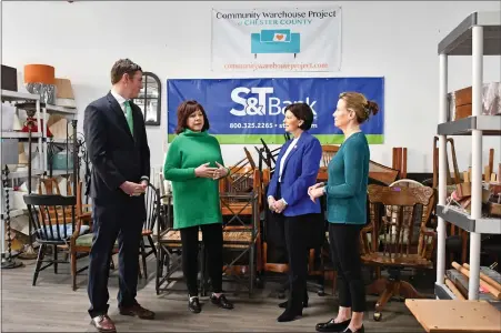  ?? SUBMITTED PHOTO ?? Pictured (left to right) Glenda Brion, CEO and Executive Director of Community Warehouse Project of Chester County meets with County Commission­ers Josh Maxwell, Marian Moskowitz and Michelle Kichline at the organizati­on’s headquarte­rs in West Chester. Community Warehouse Project is one of a number of recipients of American Rescue Plan Act funds from the County to address housing and food insecurity.