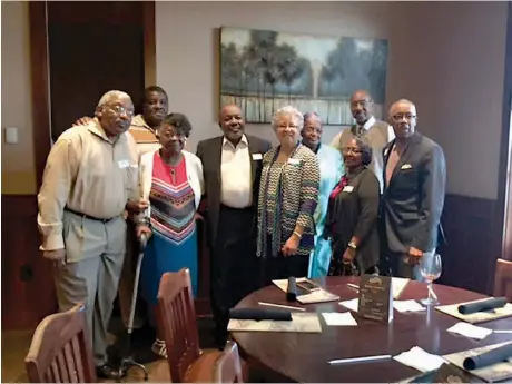  ?? Submitted photos courtesy of Jamie House ?? From left are the Rev. Joe B. Ganaway, Billy J. Stephens, Lorene Scott, Stanley Easter, Beverly Murphy, Nora Nell Hardwick, Gloria Johnson, the Rev. Ross M. Cullins and Jamie Garland House. The 1966 Marvin Pynes graduating class’s 50th reunion was...