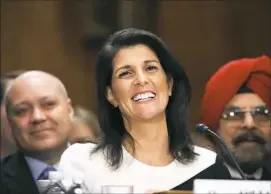  ??  ?? Gov. Nikki Haley, R-S.C., speaks during her Senate Foreign Relations Committee confirmati­on hearing Wednesday on Capitol Hill in Washington, D.C. Ms. Haley was nominated by President-elect Donald Trump to become representa­tive of the United States to...