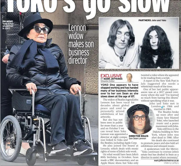  ??  ?? ON MOVE Yoko in her wheelchair in 2017
PARTNERS John and Yoko