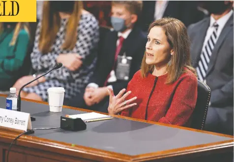  ?? GREG NASH / POOL / AFP VIA GETTY IMAGES ?? Supreme Court nominee Judge Amy Coney Barrett dodged questions on abortion and gay marriage during her confirmati­on hearing on Tuesday.