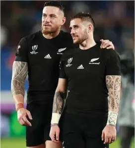  ?? Photo / Getty Images ?? Sonny Bill Williams (left) with TJ Perenara at the 2019 Rugby World Cup. The Roosters have confirmed interest in Perenara.