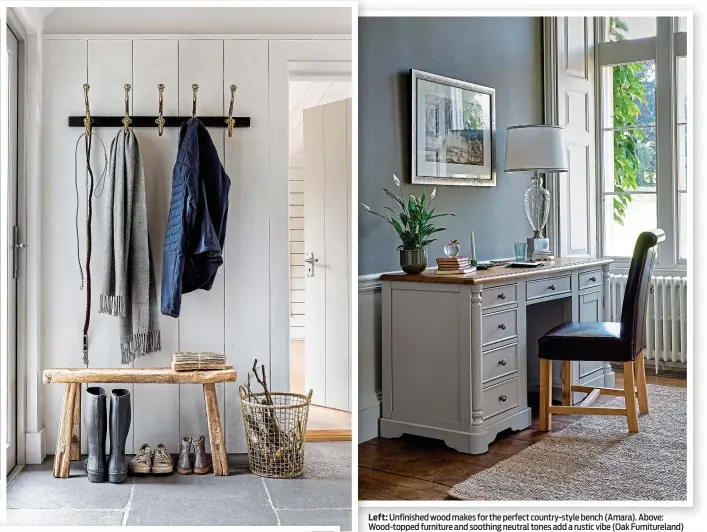  ??  ?? Left: Unfinished wood makes for the perfect country-style bench (Amara). Above: Wood-topped furniture and soothing neutral tones add a rustic vibe (Oak Furniturel­and)