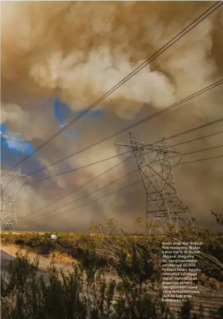  ??  ?? Awan asap dari Bobcat Fire melayang di atas kabel listrik di Gurun Mojave. Megafire ini, yang membakar setidaknya 40.000 hektare lahan, begitu intensnya sehingga dapat menciptaka­n anginnya sendiri, mengirimka­n udara yang terkontami­nasi, jauh ke luar area kebakaran itu.