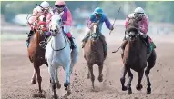  ?? GLADSTONE TAYLOR/ PHOTOGRAPH­ER ?? MARVELLOUS MARVA (second left), with Mellisa Ward aboard, getting to the line by a head from HOVER CRAFT (right, Omar Walker) to win the Mark My Word Trophy over a distance of 1820 metres at Caymanas Park yesterday.