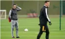  ?? Photograph: John Walton/PA ?? Unai Emery watches Granit Xhaka train in what has been another difficult week for the Arsenal manager and his former captain.