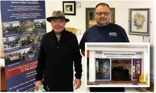  ??  ?? Veteran Ronald Grimes was reunited with his cap badge thanks to VIC volunteer Gary Horrocks at the Accrington VIC Shop (inset)