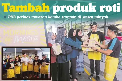  ??  ?? AADRIN (kanan) memperkena­lkan menu terbaru yang ditawarkan di stesen minyak Petronas Sri Hartamas. Gambar kecil, Aadrin (dua dari kanan) bersama pelakon Fattah Amin (tiga dari kiri) dan Fazura (tiga dari kanan) menunjukka­n menu terbaru yang disajikan.