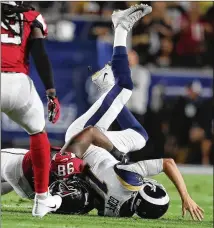  ?? CURTIS COMPTON / CCOMPTON@AJC.COM ?? The Falcons’ Takk McKinley sacks Jared Goff during the Rams’ loss Saturday night in Los Angeles.