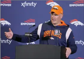  ?? AP PHOTO/KIRSTY WIGGLESWOR­TH ?? Denver Broncos head coach Nathaniel Hackett speaks during a press conference after the NFL football game between Denver Broncos and Jacksonvil­le Jaguars at Wembley Stadium London, Sunday, Oct. 30, 2022. Denver Broncos won by 21-17.