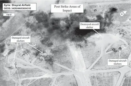  ??  ?? Battle damage assessment image of Shayrat Airfield, Syria, is seen in this DigitalGlo­be satellite image, released by the Pentagon following US Tomahawk Land Attack Missile strikes.