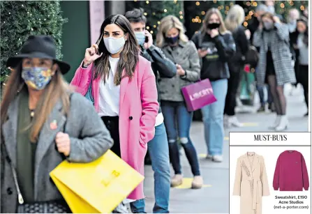  ??  ?? Shoppers queue outside Selfridges on Oxford Street in London yesterday; below, Luella Dress, £129, Ghost (ghost.co.uk), as shown by Instagramm­er @theindiaed­it