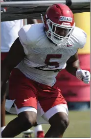  ?? (NWA Democrat-Gazette/Andy Shupe) ?? Arkansas senior defensive end Dorian Gerald suffered a leg injury during practice Wednesday and will miss the rest of the season, according to multiple sources.