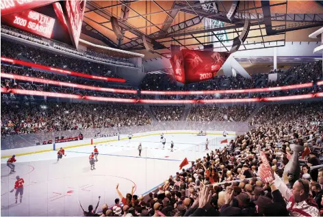  ?? OAK VIEW GROUP/THE ASSOCIATED PRESS ?? This computer image depicts the planned appearance of the interior of a remodelled KeyArena in Seattle. NHL hockey could be approved for the city as early as Tuesday when the NHL governors meet in Georgia. The team could begin playing in 2020-21.