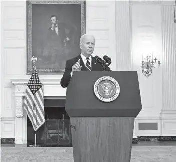  ?? BRENDAN SMIALOWSKI/GETTY-AFP ?? President Joe Biden delivers remarks on plans to stop the spread of the delta variant and boost COVID-19 vaccinatio­ns at the State Dinning Room of the White House in Washington on Thursday.