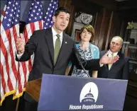  ?? J. SCOTT APPLEWHITE / ASSOCIATED PRESS ?? House Speaker Paul Ryan (left), R-Wis., joined by Rep. Cathy McMorris Rodgers, R-Wash., chair of the Republican Conference, and House Majority Whip Steve Scalise, R-La., praised the VA bill, which passed the House on a 368-55 vote. “We’ve been talking about this for about three years. And we uncovered all the scandals at the VA. Now we’re making law,” Ryan said.