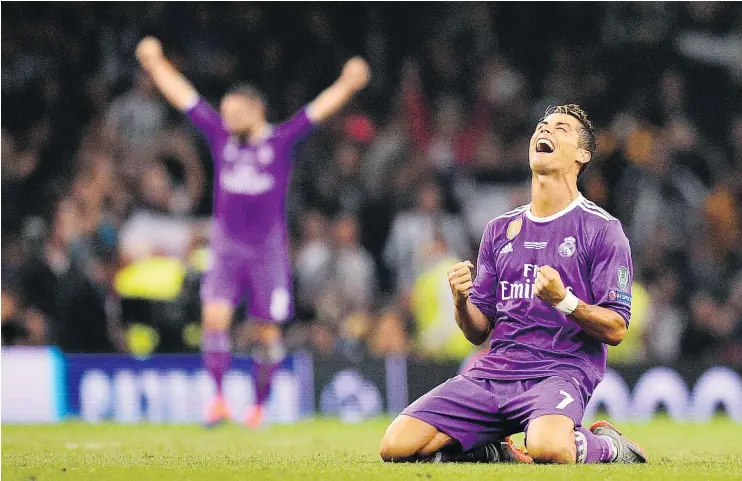  ?? GETTY IMAGES ?? Real Madrid’s Cristiano Ronaldo celebrates his team’s 4-1 victory over Juventus in the Champions League final in Wales on Saturday.