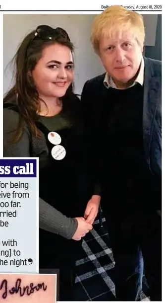  ??  ?? Verdict of suicide: Tory activist Jade Smith with Boris Johnson. Left: Her leg tattoo