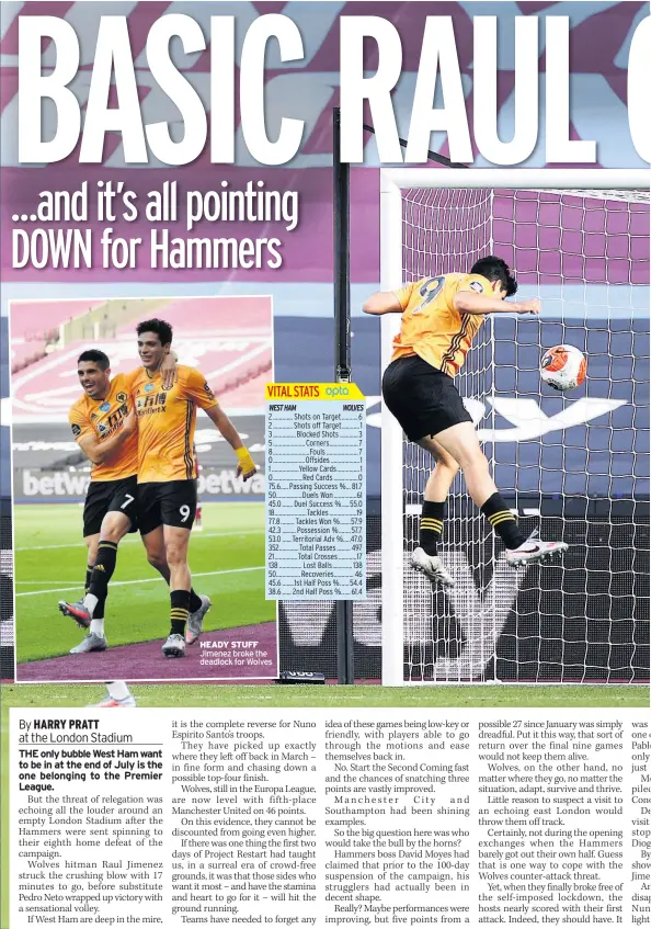  ??  ?? HEADY STUFF Jimenez broke the deadlock for Wolves