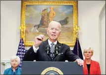  ?? ?? US President Joe Biden speaks about gas prices and oil companies profits, in the Roosevelt Room of the White House on Oct 31, 2022, in Washington, as Treasury Secretary Janet Yellen (left), and Energy Secretary Jennifer Granholm listen. (AP)