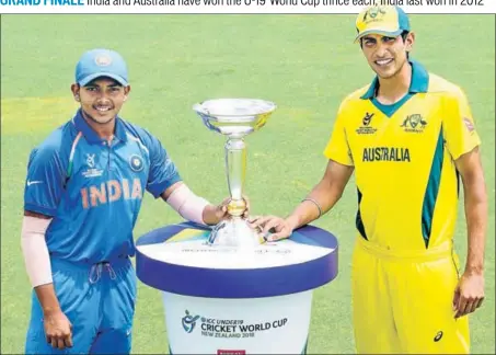  ?? ICC/GETTY IMAGES ?? India captain Prithvi Shaw and Aussie skipper Jason Sangha pose with the ICC U19 cricket World Cup trophy in Tauranga, New Zealand on Friday.