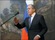  ?? ALEXANDER ZEMLIANICH­ENKO — THE ASSOCIATED PRESS ?? Russian Foreign Minister Sergey Lavrov prepares to speak in Moscow, Russia, Thursday.