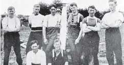  ?? COPIES OF PICTURE AVAILABLE FROM ODT FRONT OFFICE, LOWER STUART ST, OR WWW.OTAGOIMAGE­S.CO.NZ ?? A group of competitor­s in the sawing events at the recent Owaka sports. — Otago Witness, 20.1.1920.